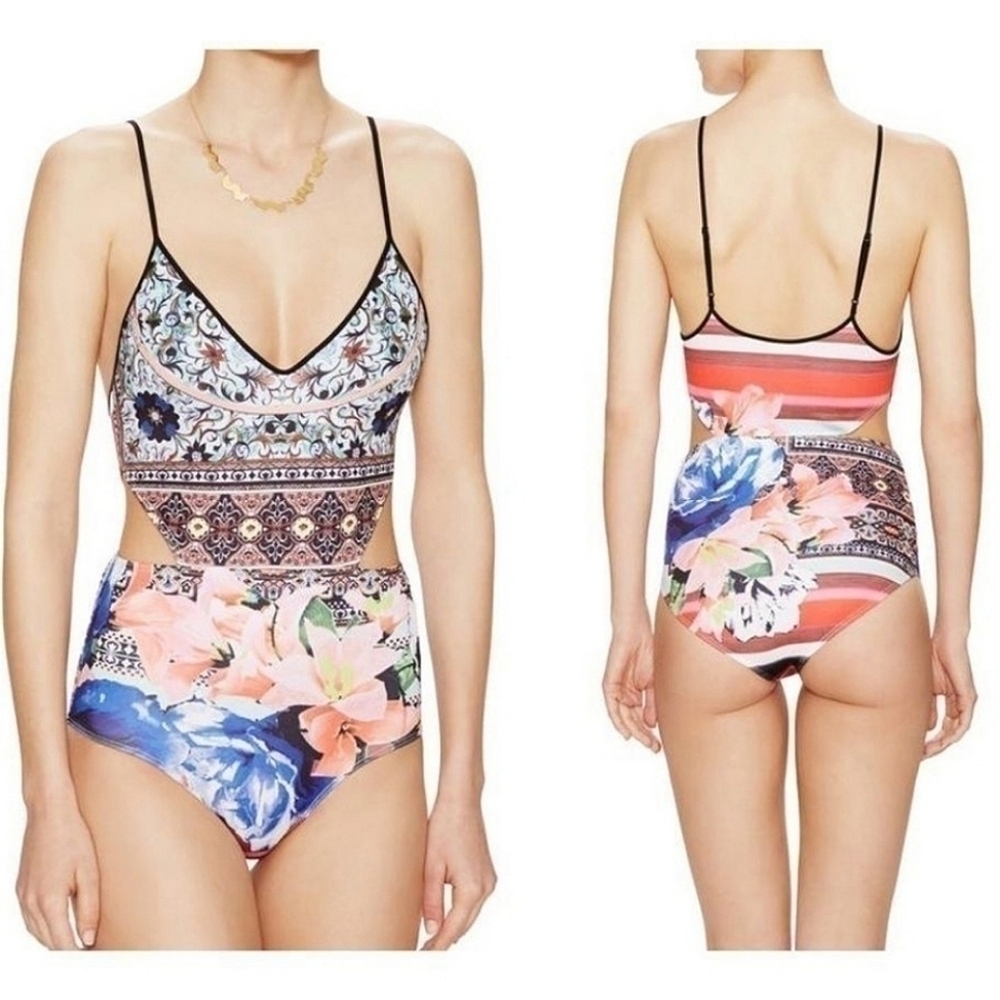 CLOVER CANYON Floral Collage Vibrant Cutout One Piece Swimsuit XS